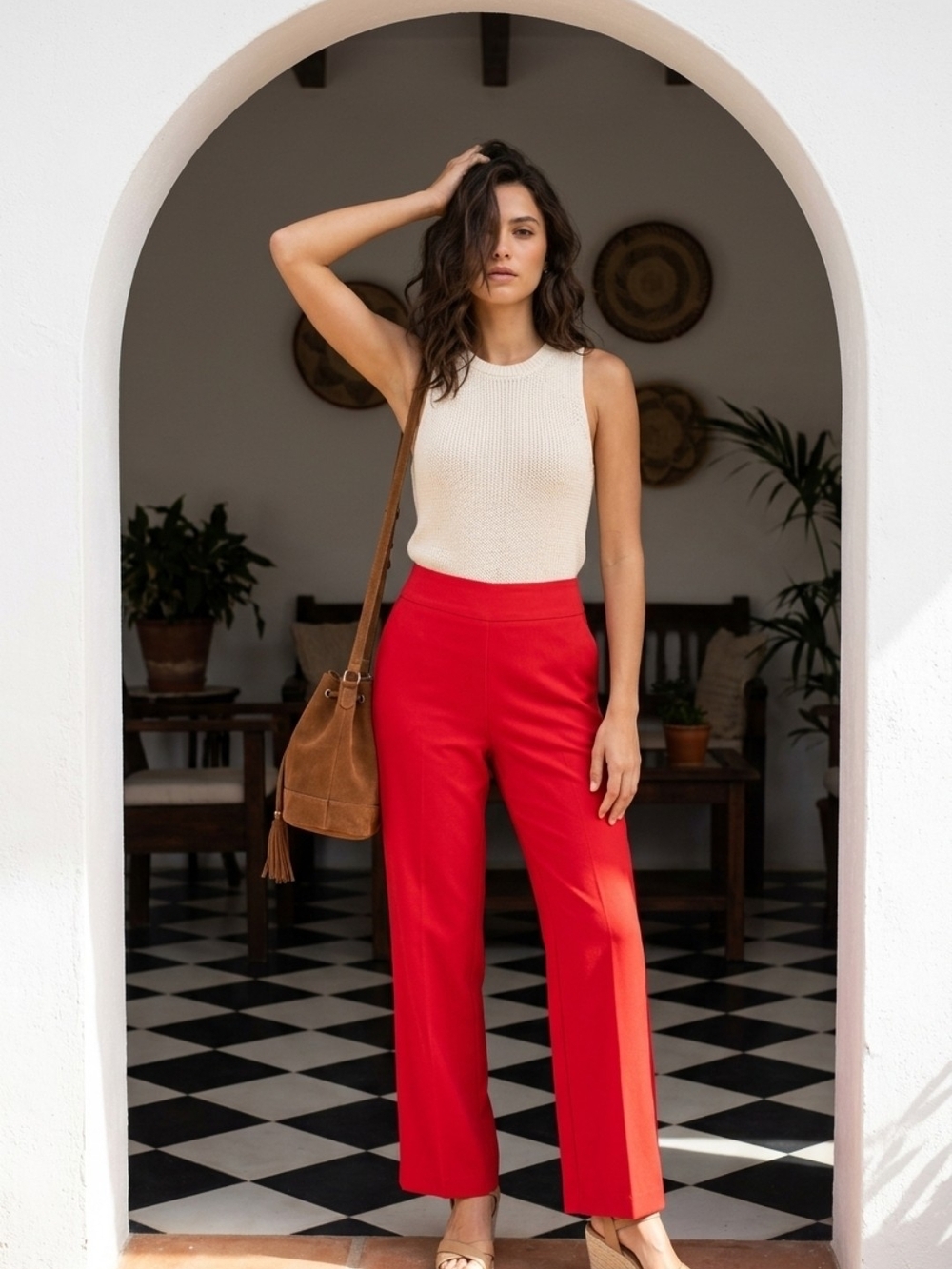 Kim Rogers Red Straight-Leg High-Rise Pants